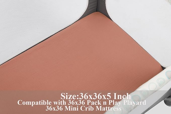 Muslin Square Playard/Playpen Fitted Sheets, Perfect for 36 X 36 Inch Portable Playard Soft 100% Cotton Fog & Brown