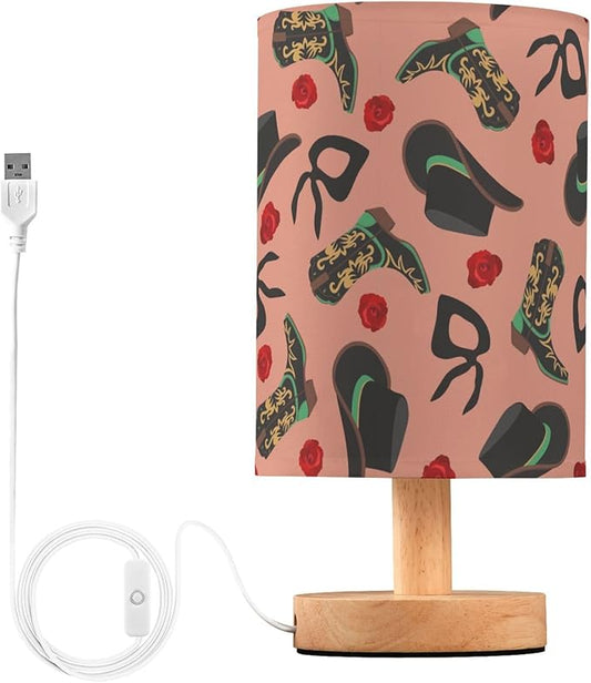 Table Lamp Retro Cowgirl Pattern Cowboy Hat Boot Bandanas Rose Nightstand Lamp with Wood Base Fabric Lamp Shade Bedside Desk Lamp for Living Room Bedroom Kids Room Office