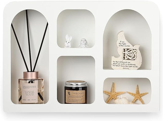 Ella & Emma White Decorative Floating Wall Shelf, Geometric Arched Boho Nordic Modern Style Shelves for Decor, Mounted Storage in Nursery, Bedroom, Living Room, Bathroom