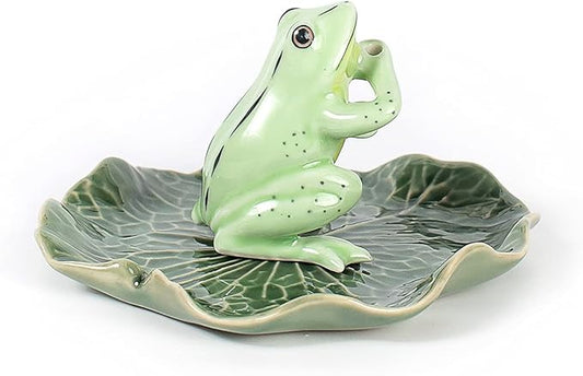 Tiny 2" High Light Green Frog On 4" Wide Lotus Leaf Incense Holder - Ceramic Incense Stick Tray Porcelain Miniature Handmade Animals Figurine Display Cute Mini Colorful Décor Gift