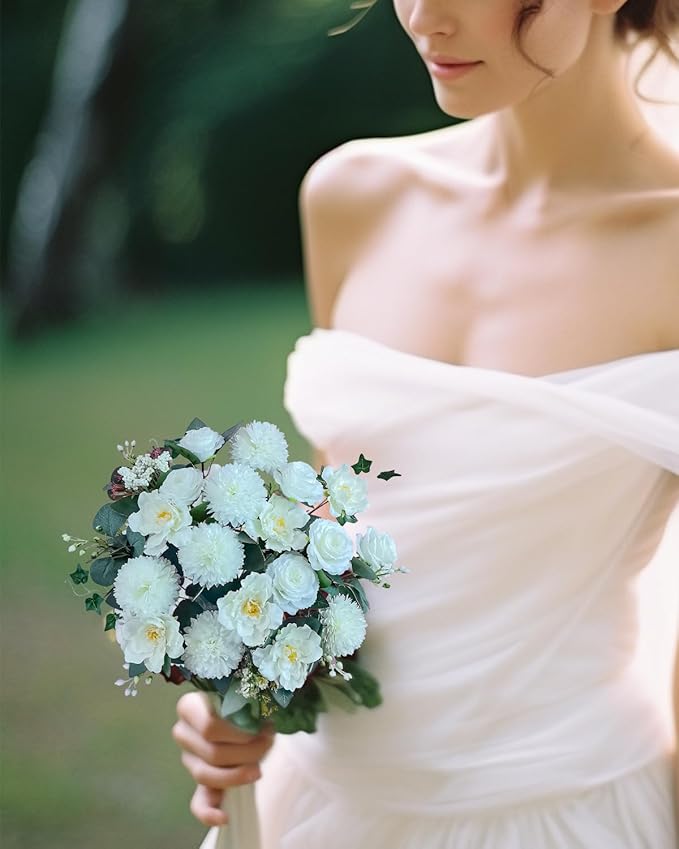 Premium Artificial Flowers, White Silk Flower Bouquets, Ivory Fake Flowers Decoration, Faux Floral Arrangements for Wedding Bridal Bouquets, Home Decor, Baby Shower, Table Centerpieces