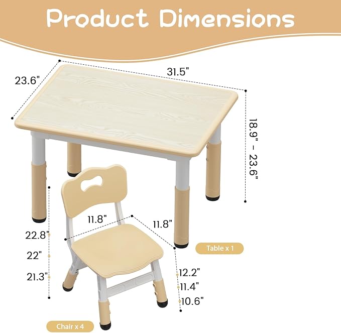 Kids Table and Chair Set, Height Adjustable Toddler Table and 4 Chairs Set for Ages 2-10, Graffiti Desktop, Non-Slip Legs, Arts & Crafts Table, Children Activity Table for Daycare Classroom Home