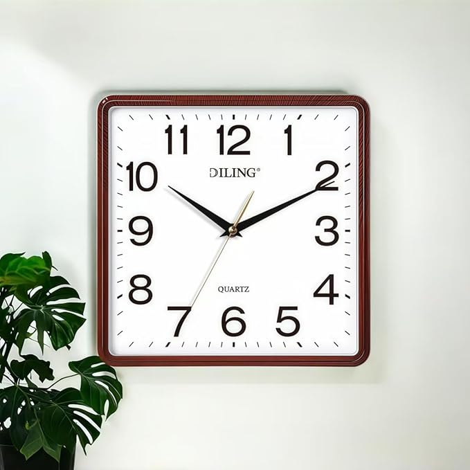 Square Wall Clock 10 Inch Silent Non Ticking Quality Quartz Analog Battery Operated Office Living Room Bedroom Kitchen or Study Decor (Red)