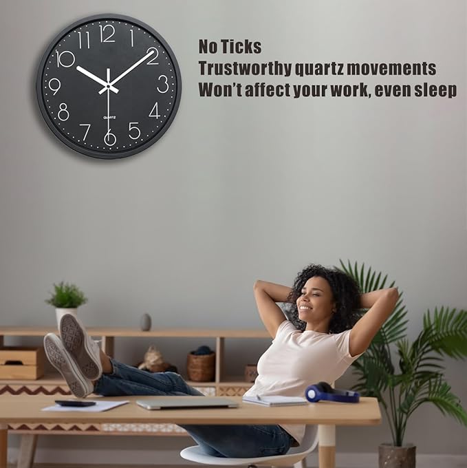 Plumeet 10'' Wall Clock, Bedroom Wall Clocks Battery Operated, Silent Quartz Small Clock Decorate Kitchen Living Room, 3D Numbers Display Easy to Read, Black
