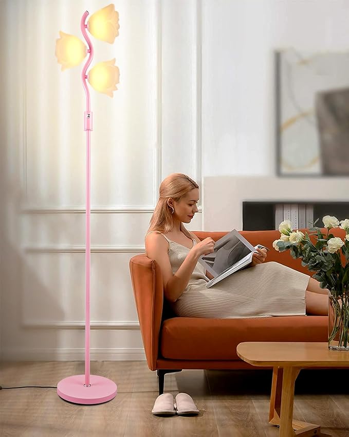 Dimmable Pink Floor Lamp, Unique Cute Flower Standing Lamps with 3 Globe Soft Warm White 3000K Bulbs, Mid Century Modern Floor Lamp for Living Room Bedroom Home Decor