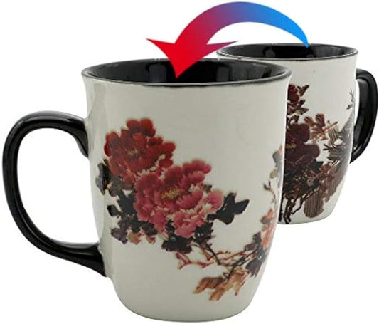 Heat Changing Magic Porcelain Coffee Mug for Mom Gifts Funny Tea Mug 16 oz Black Change into Multi Color Peony Painting