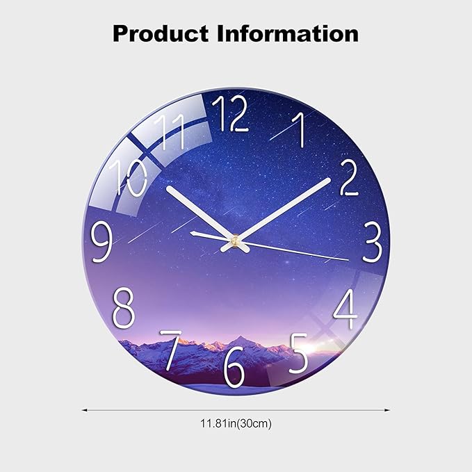 Ergocar Glass Wall Clock Silent Scanning Mechanical Round Glass Wall Clock, Suitable for Living Room, Kitchen, Office.