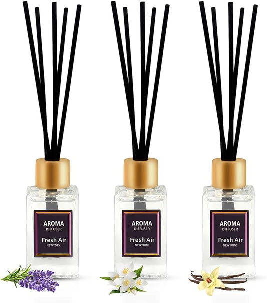 Reed Diffuser Set of 3,Lavender, Jasmine, Vanilla Scented Oil Diffuser with 15 Sticks,(50ml) x 3 Home Fragrance Reed Diffuser for Bathroom Shelf Decor