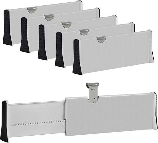 Drawer Dividers Organizer 5 Pack, Adjustable Separators 4" High Expandable from 11-17" for Bedroom, Bathroom, Closet,Clothing, Office, Kitchen Storage, Strong Secure Hold, Foam Ends, Locks in Place