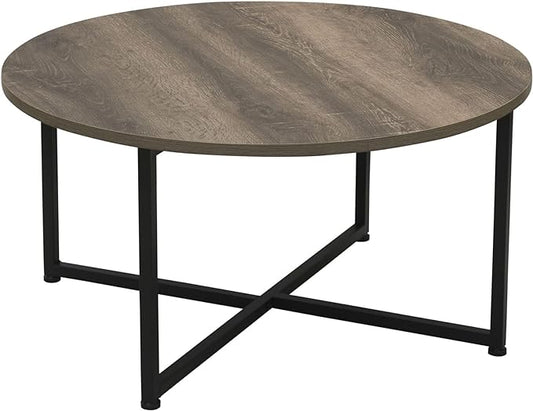 Household Essentials Jamestown Round Coffee Table Ashwood Rustic Wood Grain and Black Metal 31.5 x 31.5, Taupe