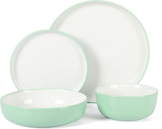 Sur La Table Kitchen Essentials 16 Piece Two-Tone Porcelain Chip and Scratch Resistant Dinnerware Plates and Bowls Set - Green/White