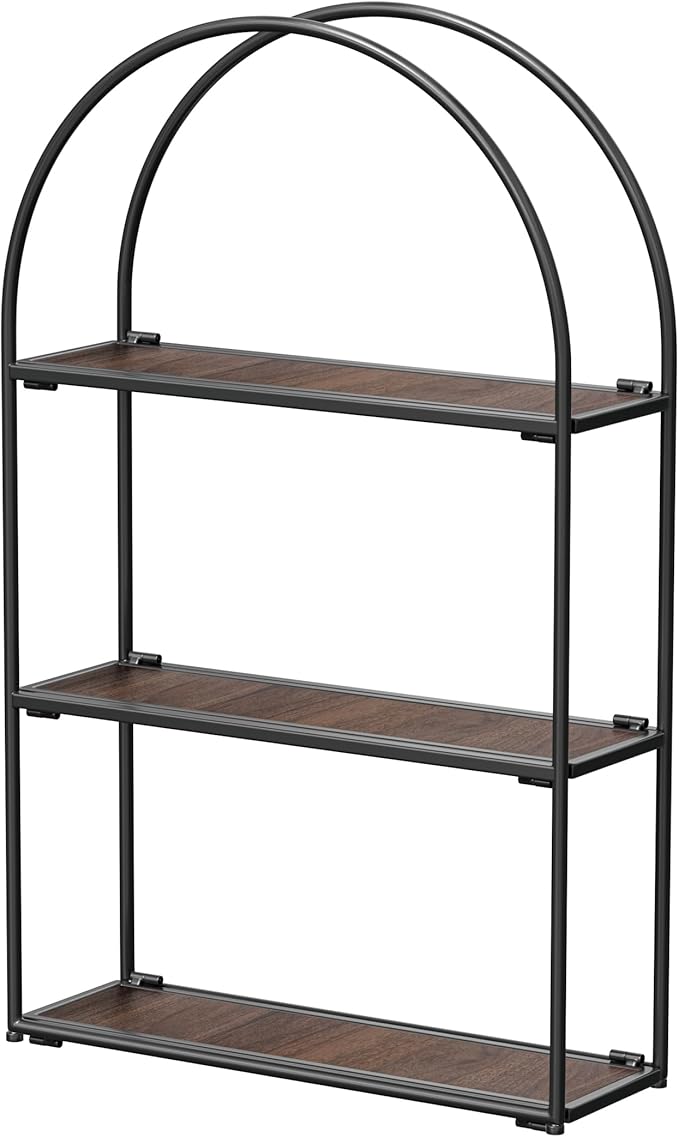 Crofy Black Arched Frame Wall Shelf, Decorative 3 Tier Bathroom Wall Shelf with Walnut Finish Shelves and Robust Storage Capacity, 6" D x 17.9" W x 28.57" H