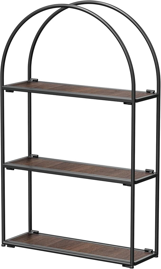 Crofy Black Arched Frame Wall Shelf, Decorative 3 Tier Bathroom Wall Shelf with Walnut Finish Shelves and Robust Storage Capacity, 6" D x 17.9" W x 28.57" H