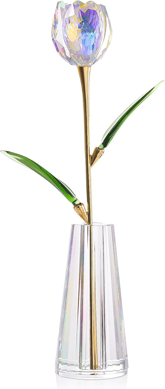 Crystal Tulip Flowers Figurine Collectible- Glass Flowers with Vase,Glass Flower Bouquet Paperweight,Gift for Anniversary Wedding Centerpiece Ornament（Colorful）