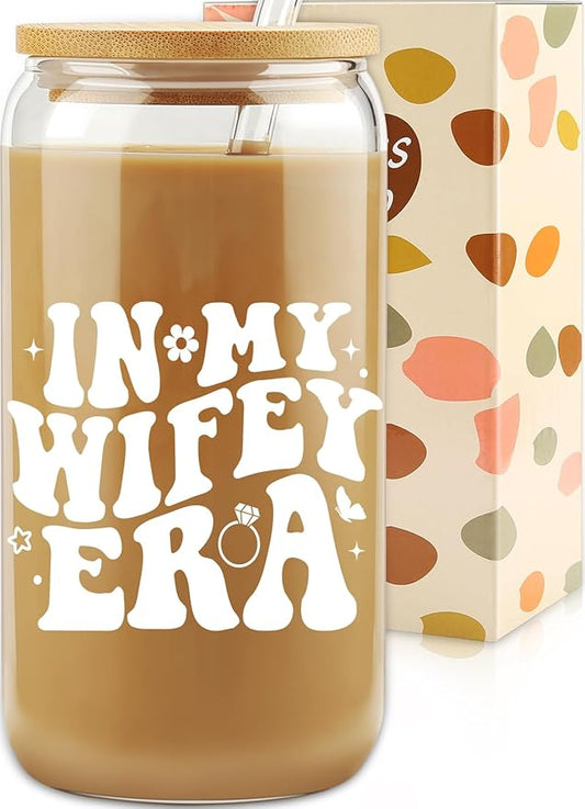 New Wifey Gifts, Bride Wedding Gift, Bridal Shower Gifts, Newlywed Present for Bride, Bride to Be Gift Idea, In My Wifey Era Ice Coffee Cup, Newly Married, Wife Present, 16 OZ Glass Cup w/ Lid & Straw