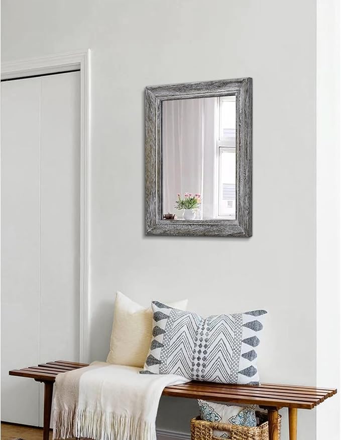 Wooden Mirror with Rectangle Framed Rustic Hanging Mirrors for Farmhouse Bathroom Bedroom Living Room Home Decor Large 20"x16"