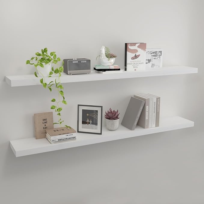 Floating Shelves 48 Inch Wall Shelf Solid Wood Mounted Storage for Bedroom Living Room Set of 2, White Wall Shelves