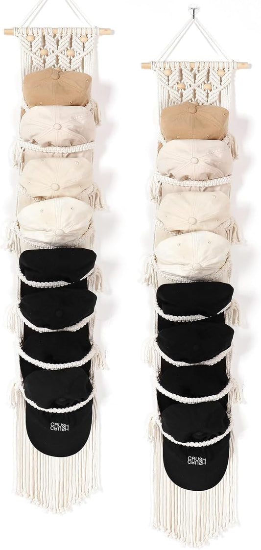 AceList 2-Pack Organizer for Baseball Caps, Macrame Hat Hangers for Wall and Door, Boho Hat Rack with Macrame Wall Decor - Effortless Storage and Display of Hats (Up to 32 Caps)