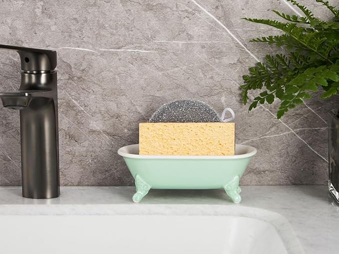6.5" Ceramic Mini Decorative Clawfoot Bathtub Bar Soap Dish, Kitchen Sponge Holder and Shower Tray for Bathroom, 1 Pack(Bright Teal)