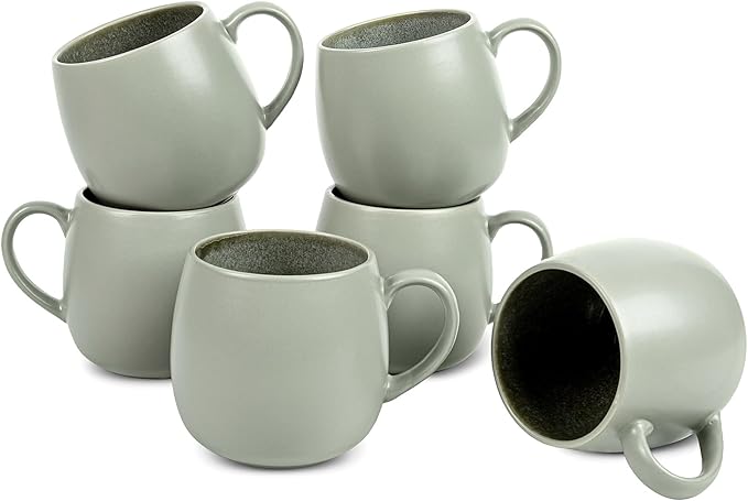 Ceramic Coffee Mugs Set of 6, 14oz - Modern Scandinavian Aesthetic Cup- Microwavable Stoneware Coffee Cups with Comfortable Handle - Tea Mug Set for Latte, Cappuccino, Soup - Soft Sage Green