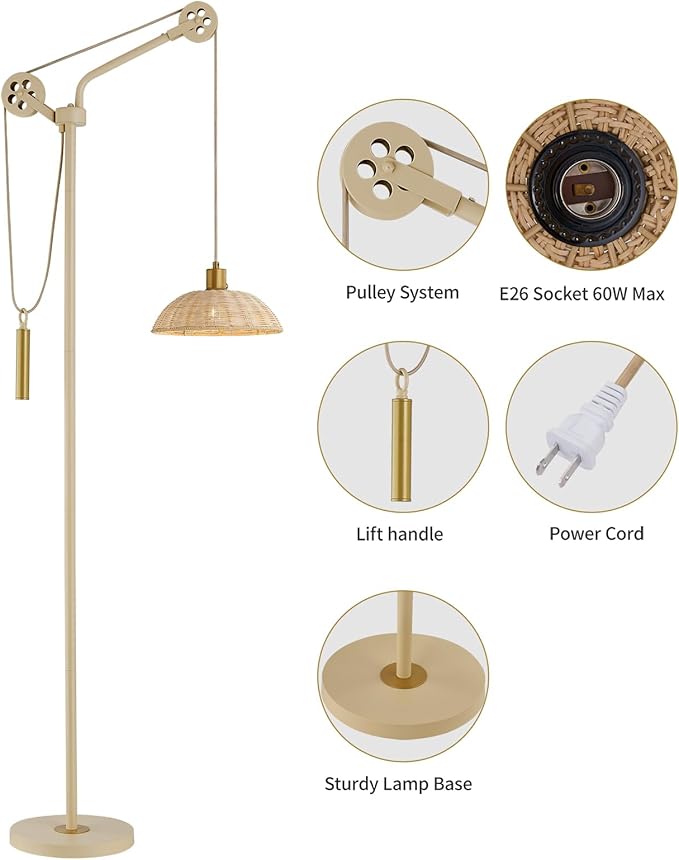 LeeZM Dimmable Rattan Floor Lamp for Living Room,Industrial Farmhouse Floor Lamps with Adjustable Rattan Shade,Modern Reading Pole Task Lamp,Arched Tall Standing Lamp for Bedroom Office,Beige