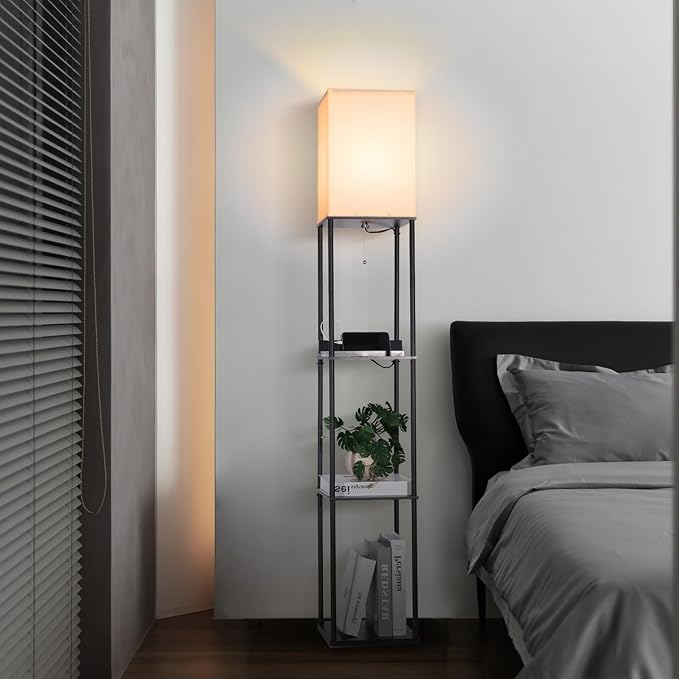 Floor Lamp with Shelves, with 2 USB Ports and Power Outlet Modern Square Standing Lamp with 3 Color Temperature Bulb, Corner Display Bookshelf Lamp for Living Room, Bedroom and Office (black-9DY)