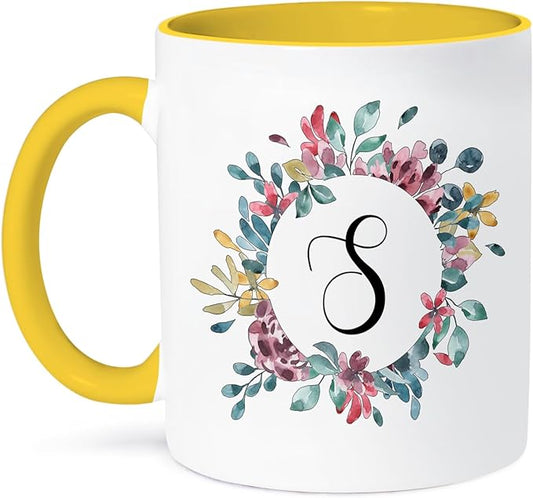 3dRose Coffee Mug, Size - 15oz - Pretty Watercolor Floral Circle Frame With A Monogram Initial S Monogram Initial - funny coffee cup gift