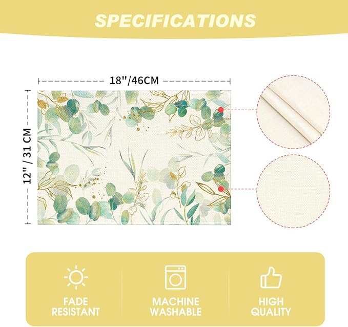 Artoid Mode Eucalyptus Summer Placemats for Dining Table, 12 x 18 Inch Spring Seasonal Holiday Decoration Rustic Vintage Washable Table Mats Set of 4 Beige