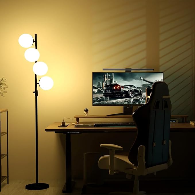 64IN Dimmable Black Floor Lamp, Tall Standing Lamps with 4 Globe Soft Warm White Eye Care 3000K G9 Bulbs, Mid Century Modern Floor Lamp for Bedroom Office