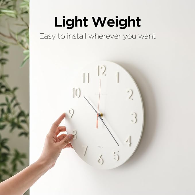 mooas 3D Numbers Modern Wall Clock, 12" Silent Non-Ticking Sweep Movement Decorative Battery Operated Analog Wall Clock for Home Décor Living Room Kitchen Bedroom Office School Hotel (Cream)