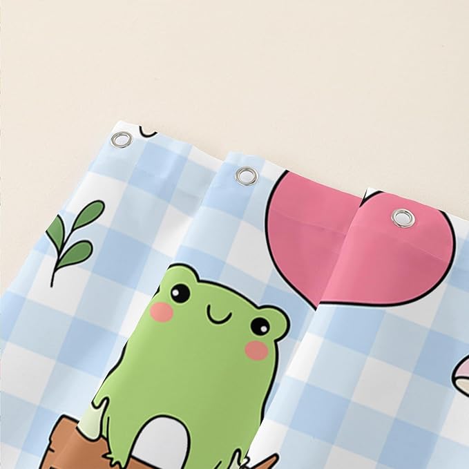 AILONEN Kawaii Frog Shower Curtain,Cute Cartoon Mushroom Frog Bath Curtain,Romantic Frog Couple Hearts Printed Waterproof Blue Stripe Curtain, 60" W x 72" H