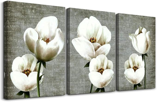 Large Wall Decor Living Room Canvas Wall Art For Bedroom Gray Green Vintage Style White Flowers Wall Painting Abstract Pictures Artwork Wall Decorations For Kitchen Modern Room Home Decor 3 Piece