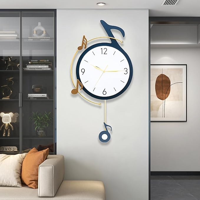 Decorative Quartz Wall Clock with Pendulum, Battery Operated, Music Note Art for Living Room, Kitchen, Home, Bathroom, Bedroom Decor, 12.6x22 Inch