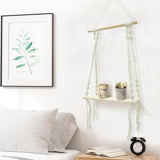 Floating Shelves, Macrame Wall Hanging Boho Decor Wall Shelf Wood Storage Shelves Plant for Wall Decor Hanging Shelf for Bedroom Bathroom Living Room