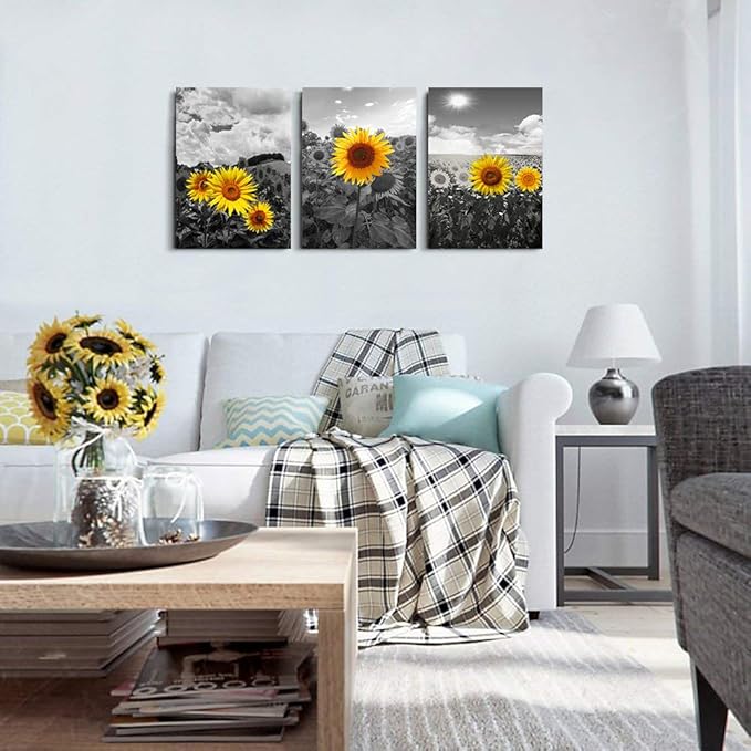 Large size Canvas Wall Art for Living Room family Bedroom wall painting Decoration,Bathroom Wall Decor kitchen Home Decoration Black and white sunflower flowerswall pictures artwork,16x24 3 piece