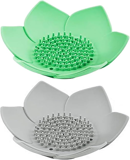 Draining Silicone Soap Dishes with Lotus Flower Shape Flexible (CushionPad-1Green1Grey)