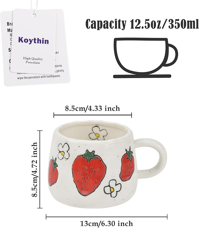 Koythin Ceramic Coffee Mug, Cute Strawberry Creative Mugs Design, Printed Flowers Cup for Office and Home, 10 oz/300 ml for Latte Tea Milk (Strawberry)