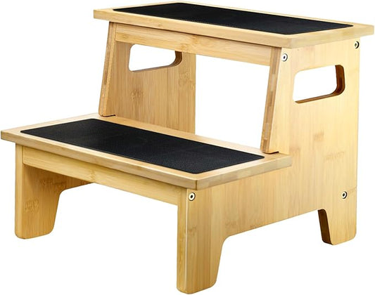 Kids Step Stools for Toddlers Bathroom Bamboo Wood Toddler Stepping Stool Kitchen Counter Sink Baby 2 Step Stool Foot Bed Stool for Adults Child Potty Training Toilet Stool, Natural with Pads