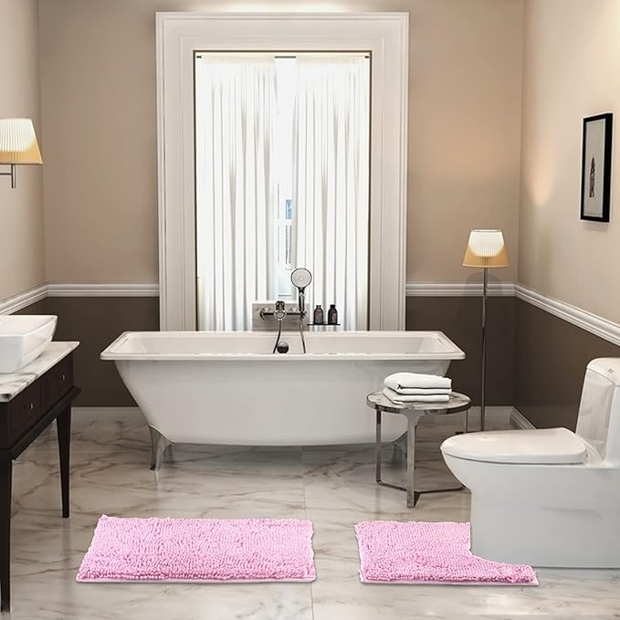VAGAU Bathroom Rugs 2 Pieces Chenille Bath Rug Mat, Extra Thick and Soft Absorbent Bath Rugs, Machine Washable, Non-Slip Plush Bath Mats for Tub, Shower, and Bath Room (Pink)