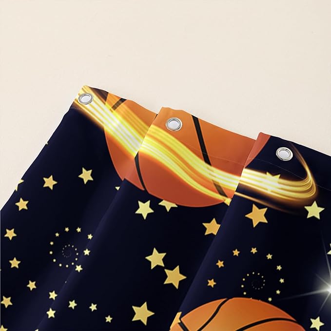 AILONEN Sports Basketball Shower Curtain for Bathroom, Space Planet Ball Print Bath Curtain,Yellow Star Basketball Kids Boys Bathroom Decor Waterproof 72" W*84" H Inch with 12 Plastic Hooks