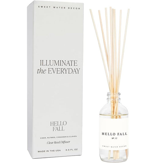 Sweet Water Decor Hello Fall Reed Diffuser Set - Hot Cider, Cinnamon, Cloves, Apple, and Nutmeg Scented Diffuser - Scent Diffusers for Home, Long Lasting Fragrance, Made in the USA