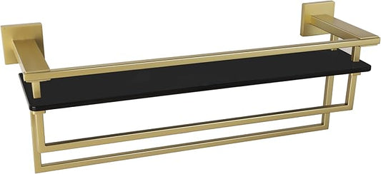 Bathroom Glass Shelf with Bars 20-Inch Floating Tempered Glass Shelves with 2 Towel Rails Cologne Shelf for Men Shower Bath Storage Glass Rack Wall Mount Heavy Duty Black and Gold，A7617GK