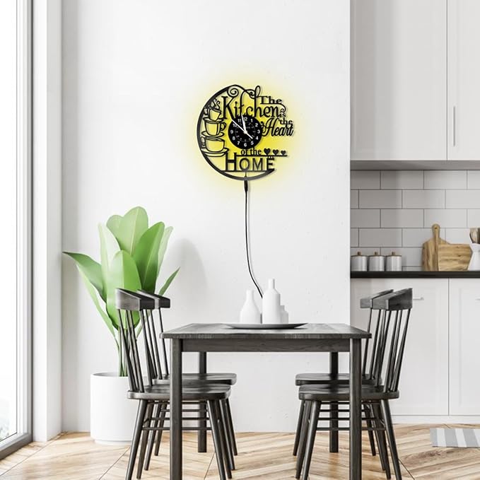 KingLive Kitchen Wall Clock with 7 Colors LED Light, Vintage Style Coffee Theme, Kitchen Coffee Bar Vinyl Record Decor
