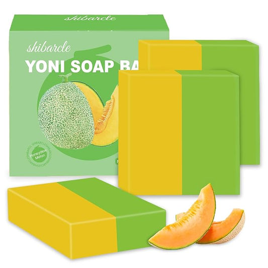 3 PCS Yoni Soap Bars for Women pH Balance, Natural Yoni Bar Soap Yoni Wash for Vaginal Moisturizing Eliminates Odor Body Wash Soap with Bubble Foam Net, Handmade Honeydew Melon Yoni Soap