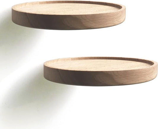 Coracle Floating Shelf Wood Round Wall Mounted Showcase Wall Shelf Hanging Planter Storage Wooden Shelf for Plants Photo Candle Invisible Wall Decoration Design Set of 2 (Diameter Ø7.09 inch)