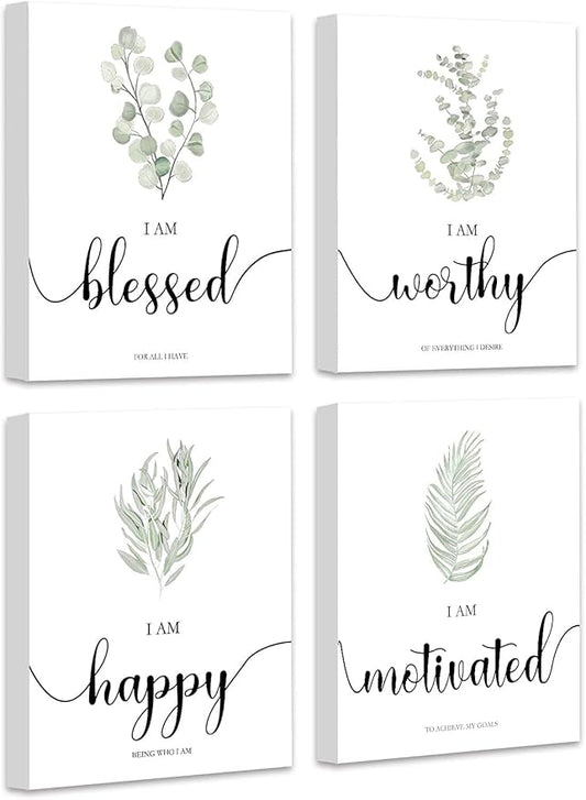 Drsoum Inspirational Framed Wall Art Boho Botanical Plant Wall Decor Motivational Quote Office Study Living Room Bedroom Decor Set of 4 8x10 inch (Wooden Frames)