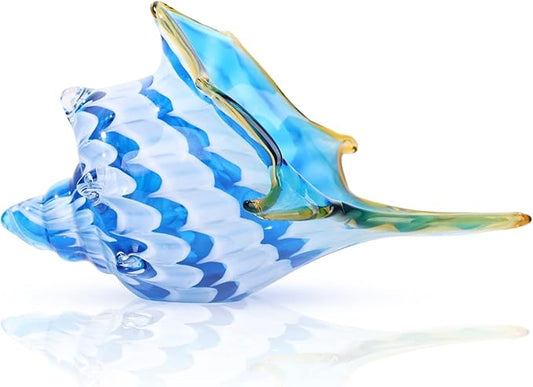 DOVDOV Hand Blown Glass Shell Decoration, Modern Art Glass Conch Statue, Blue and White Home Decorative Shells for Home Living Room, Coffee Table, TV Stand, entryway Entrance, Mantelpiece Decoration