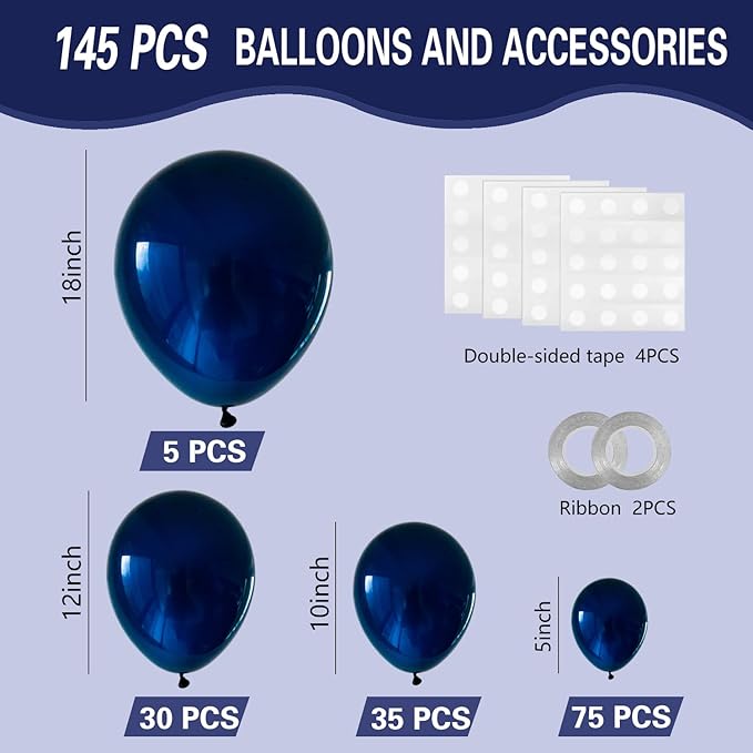 Navy Blue Balloons 145pcs Different Sizes 5in 10in 12in 18in Dark Blue Round Latex Balloon Arch Kit Garland for Graduation Wedding Baby Shower Birthday Party Decoration