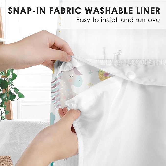 Unicorns Rainbow Cute No Hook Shower Curtain with Snap in Liner, Cloud Fun Girl Kids Colorful Bath Curtain with Double Layers Waterproof Fabric and Mesh Top Window 71x74 Inch