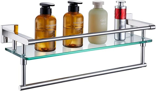 KOKOSIRI Bathroom Shelves with Towel Holder Rustproof 20'' Bathroom Tempered Glass Shelf with Rails Wall Mounted Stainless Steel, Polished Chrome Finish, B1103CH-L20